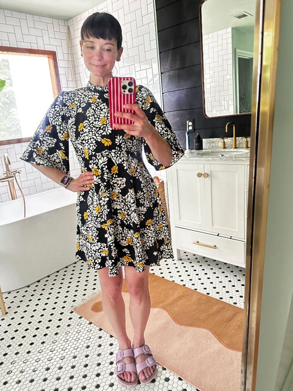 Women’s Black Floral Short Sleeve Dress with Yellow Accents